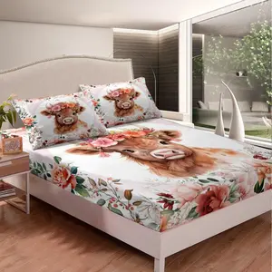 Feelyou Cute Highland Cow Fitted Bed Set - Cartoon Animal Bedding with Flower Print, All Around Deep Pockets, Quick-Drying, Farm Zoo Theme Cover for Guest Room