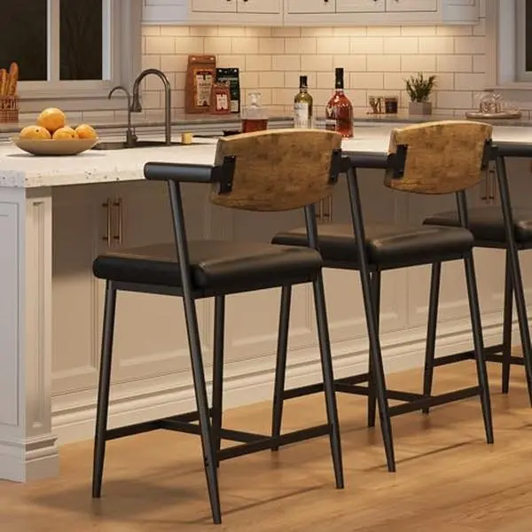 GARVEE 26" Counter Height Barstools Set of 2 with Arms, Upholstered Wider Seat, Back, Metal Frame & Footrest, Modern Retro Brown Indoor Furniture for Kitchen Island, Easy Assembly