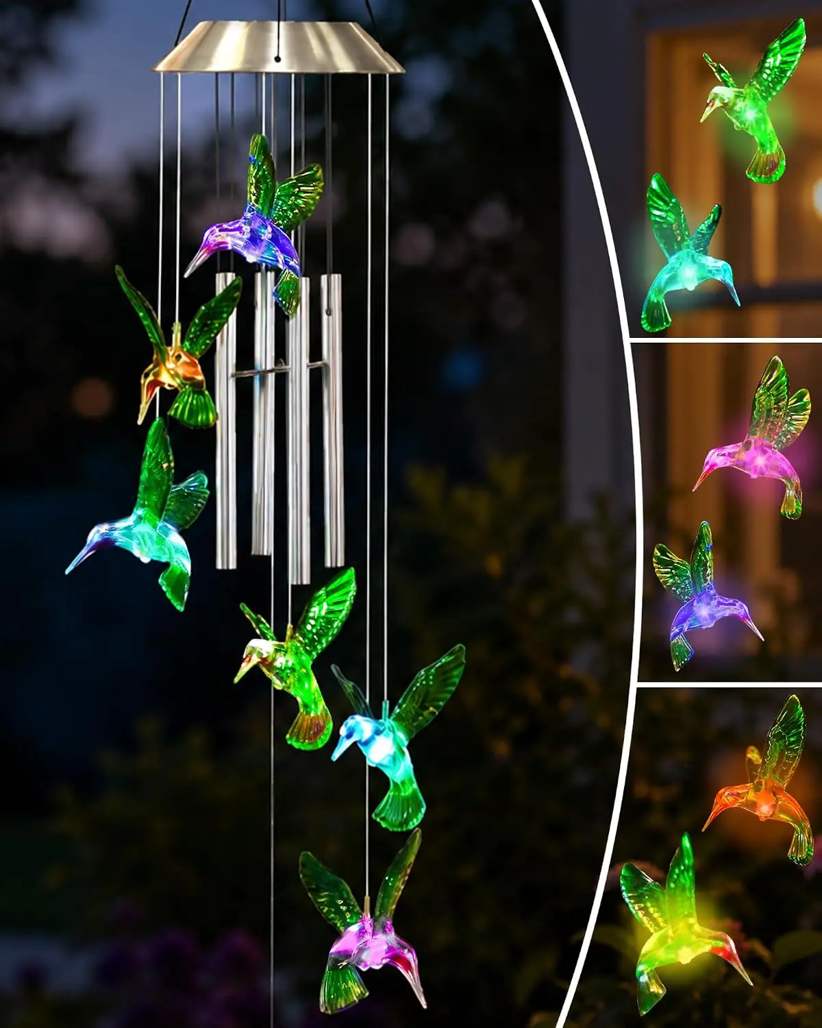 Solar Wind Chimes for Outside: Gardening Hummingbird Gifts for Women | Hanging WindChimes with LED Lights Outdoor for Outdoor Garden Yard Patio Porch Decor