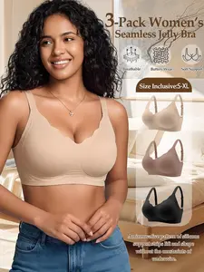 3pcs Wave Edge Push-Up Jelly Bra Bralettes, No Underwire, Plain Color, Medium Support, Fitted, Lined, Casual Style, All Seasons