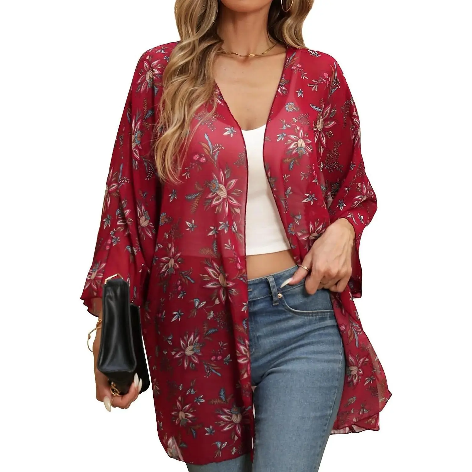 Women’s Puff Sleeve Kimono Cardigan Floral Print Loose Summer Cover Up,Lightweight Chiffon for Resort Beachwear