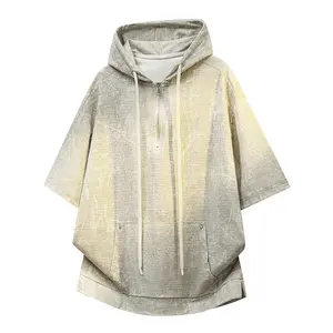 Men’s new streetwear hoodie sweatshirt, half zip, short sleeves, distressed texture, loose fit, breathable top GSB6603