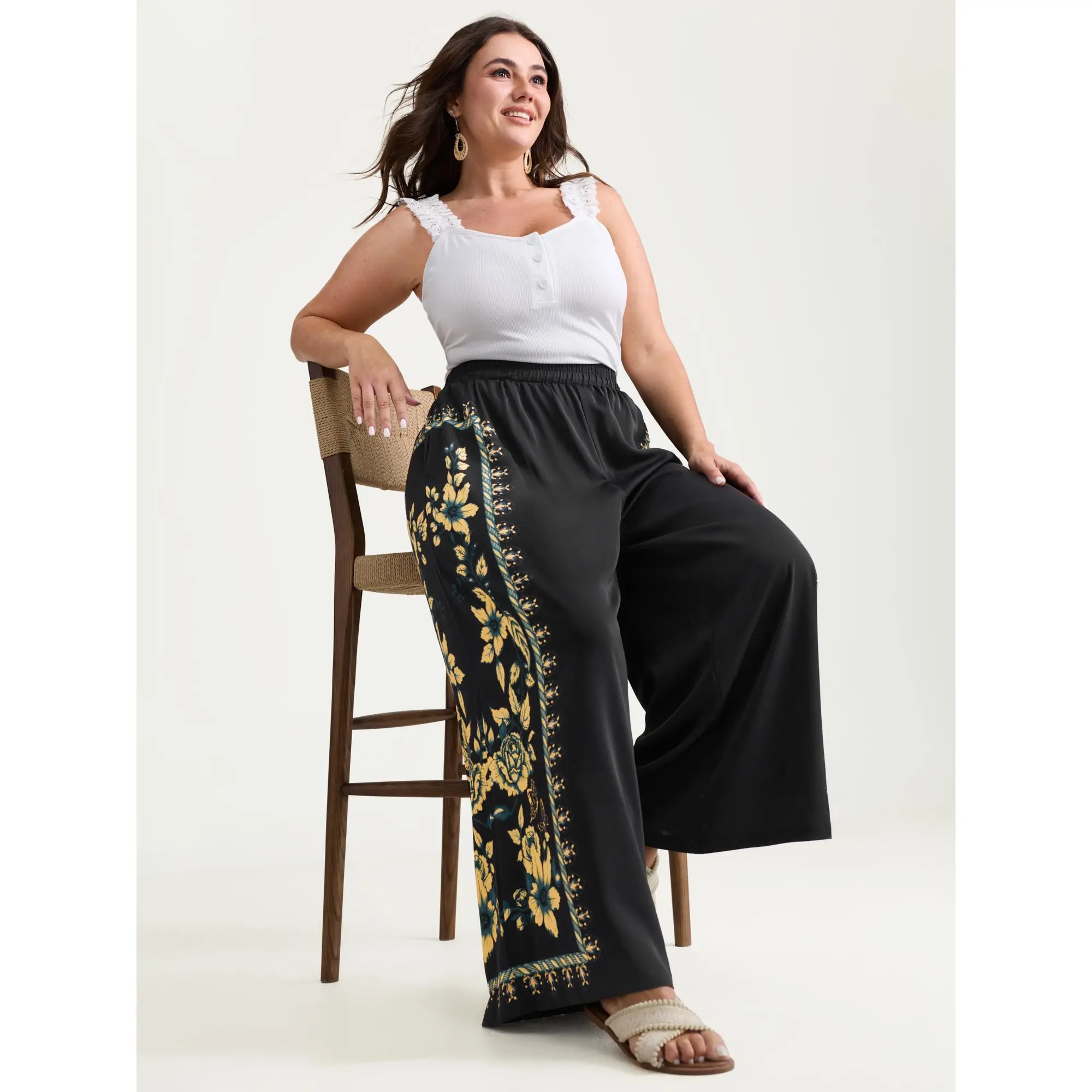 BloomChic Lady's Plus Size High-Rise Floral Wide-Leg Pants - Smooth Polyester Fabric, Resort Style, Side Pockets, Flattering Fit, Women's Bottoms, Pants For Women, Effortless Pants