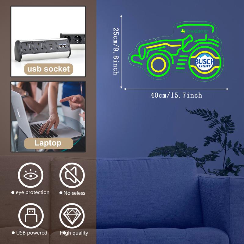 Vintage Tractor Neon Sign - USB Powered, Dimmable, Wall-Mounted, Personalized Cute Green Vehicle LED Light for Home Man Cave Garage Bar Bedroom Birthday Gift for Boys Men Neon Lights