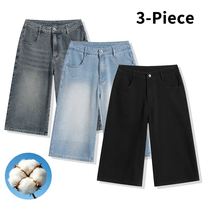 3-pack classic vintage washed high-waisted loose denim bermuda shorts, including cotton straight-leg knee-length pants; versatile casual outfits for summer beach, campus, and everyday wear; trendy denim apparel store jeans