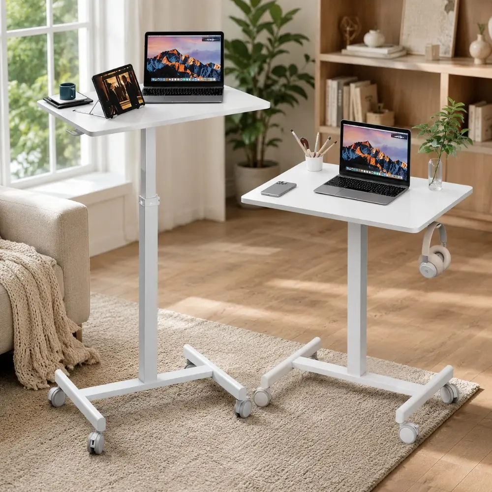 Littleox 26"×19" White Middle Column Mobile Height Adjustable Desk, Gas Spring Height Regulation, Lockable Universal Casters, With Headphone Hook, Mini Desk