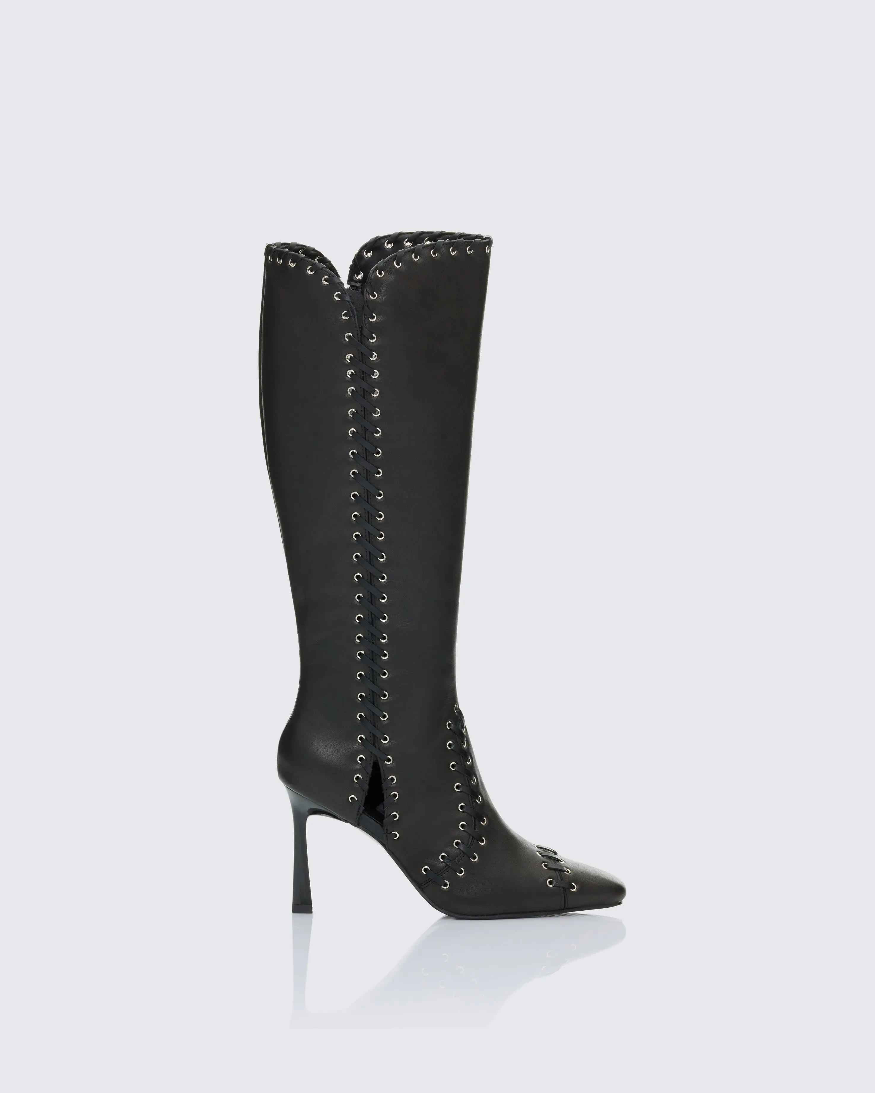 Women's Shanaya Black Soft Real Leather Hand-Stitched Knee-High Pointed Stiletto Fashion Boot, Stylish Footwear for Fashion-Focused Shoe Enthusiasts, Soft Leather, Whip Stitch Detailing
