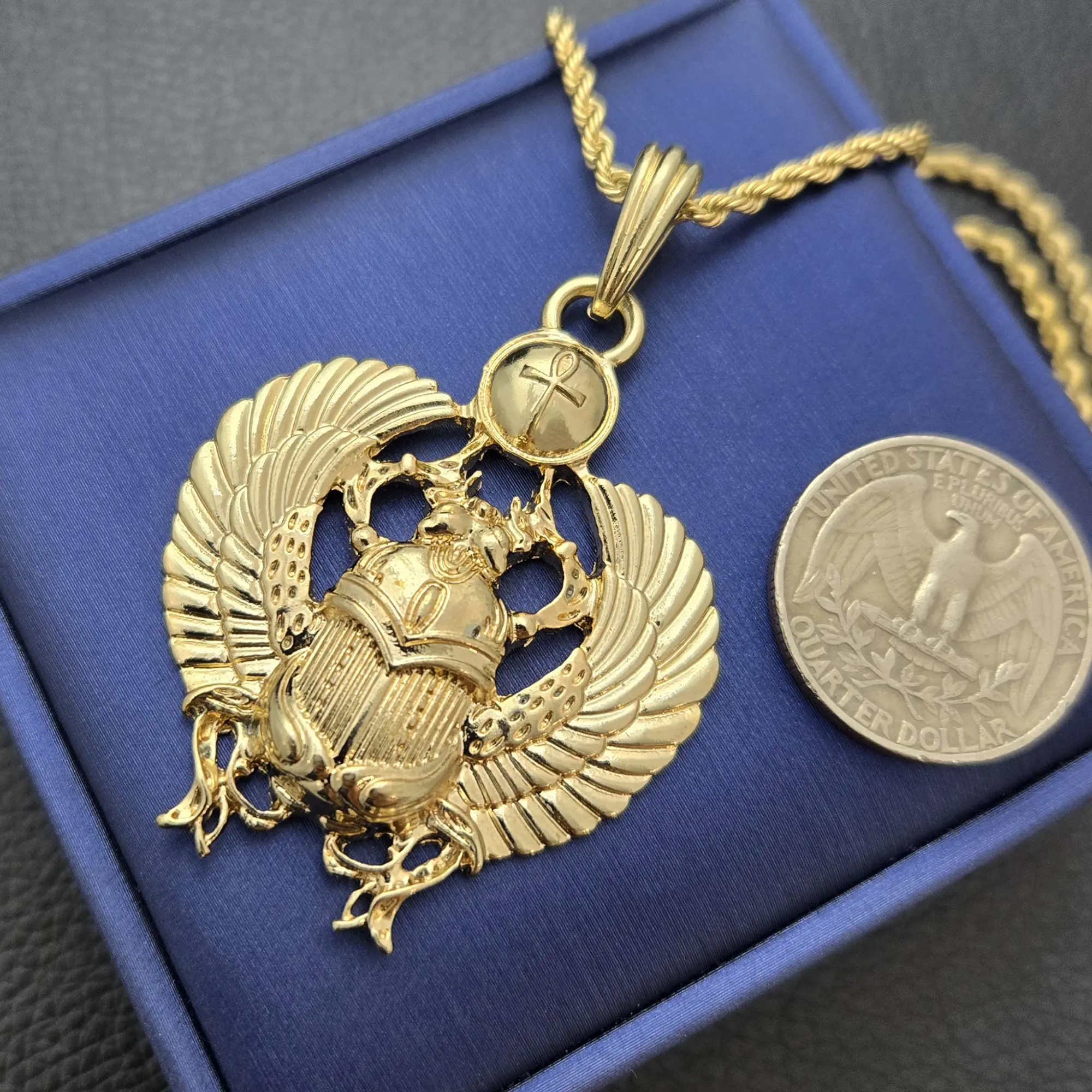 MaxBling81 Gold Plated Ethnic Egyptian Scarab Beetle Motif 40mm x 45mm Amulet Pendant Necklace Set - Unisex Female Casual Costume Jewelry with 18"-20"-24" Multi-Size Rope Chain