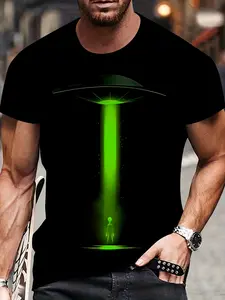 Men'S Black UFO Alien 3D Print T-Shirt| Green UFO & Alien Spacecraft Design, 100%, Round Neck, Short Sleeve, Slightly Elastic, Novelty Sci-Fi Shirt for Casual Wear & Themed Parties