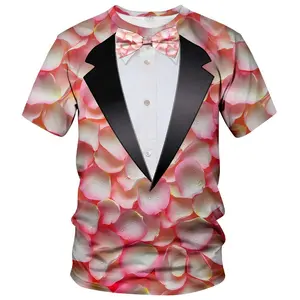 Unisex 3D Tuxedo with Bow Tie & Pink Rose Petals T-Shirt – Perfect for Weddings, Anniversaries, Valentine’s Day, Formal Events & Casual Parties, Stylish Fashion for Adults