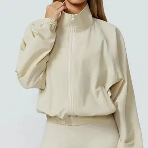 Women Sport Jacket Long Sleeve Shirt Gym Sportswear Quick Drying Stand Up Collar Zipper Top Windproof Outdoor Running Yoga Jacke