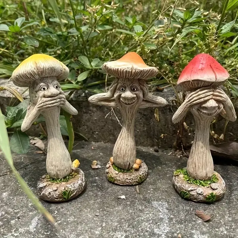 3 Piece Humorous Mushroom Garden Statues, Cute Faces, Decorative Outdoor Decor, Courtyard, Lawn, Porch, Unique Gift, Durable Outdoor Sculptures