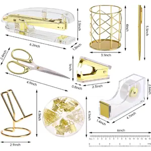 Office Acrylic Stapler Set Staple Remover, Phone Holder, Tape Holder, Pen Holder, 2 Ballpoint Pen, Scissor, Binder Clips, Ruler, Glue and staples