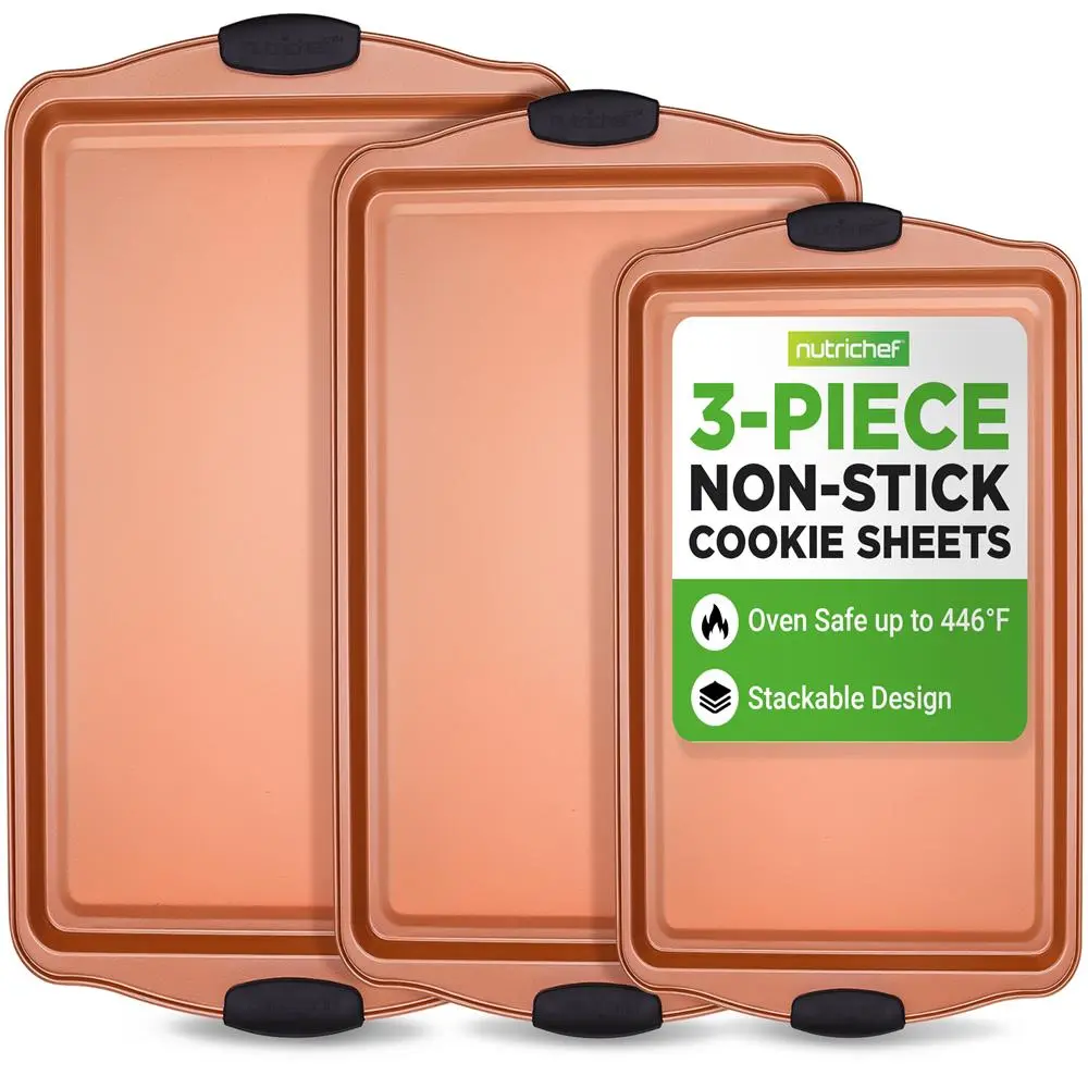 3-Piece Nonstick Bakeware Set | Flexible Carbon Steel Baking Tray Set with Black Silicone Handles - Stackable Cookie Sheets - Heat Resistant Up to 446°F, Oven, Freezer & Refrigerator Safe - Home Baking Essentials