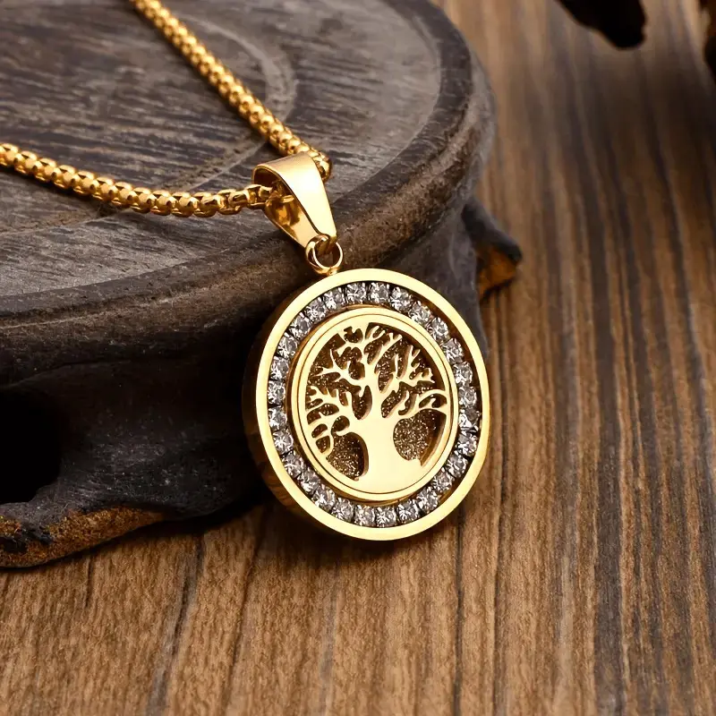 Men's Golden-Tone Stainless Steel Tree of Life Pendant Necklace with Synthetic Zirconia Stones - Circular Funky Jewelry for Daily Wear, Symbolic Spiritual Gift for Him, Tree Necklace, Everyday Accessory, Stylish Prayer Bead, Durable Finish, Unique Design
