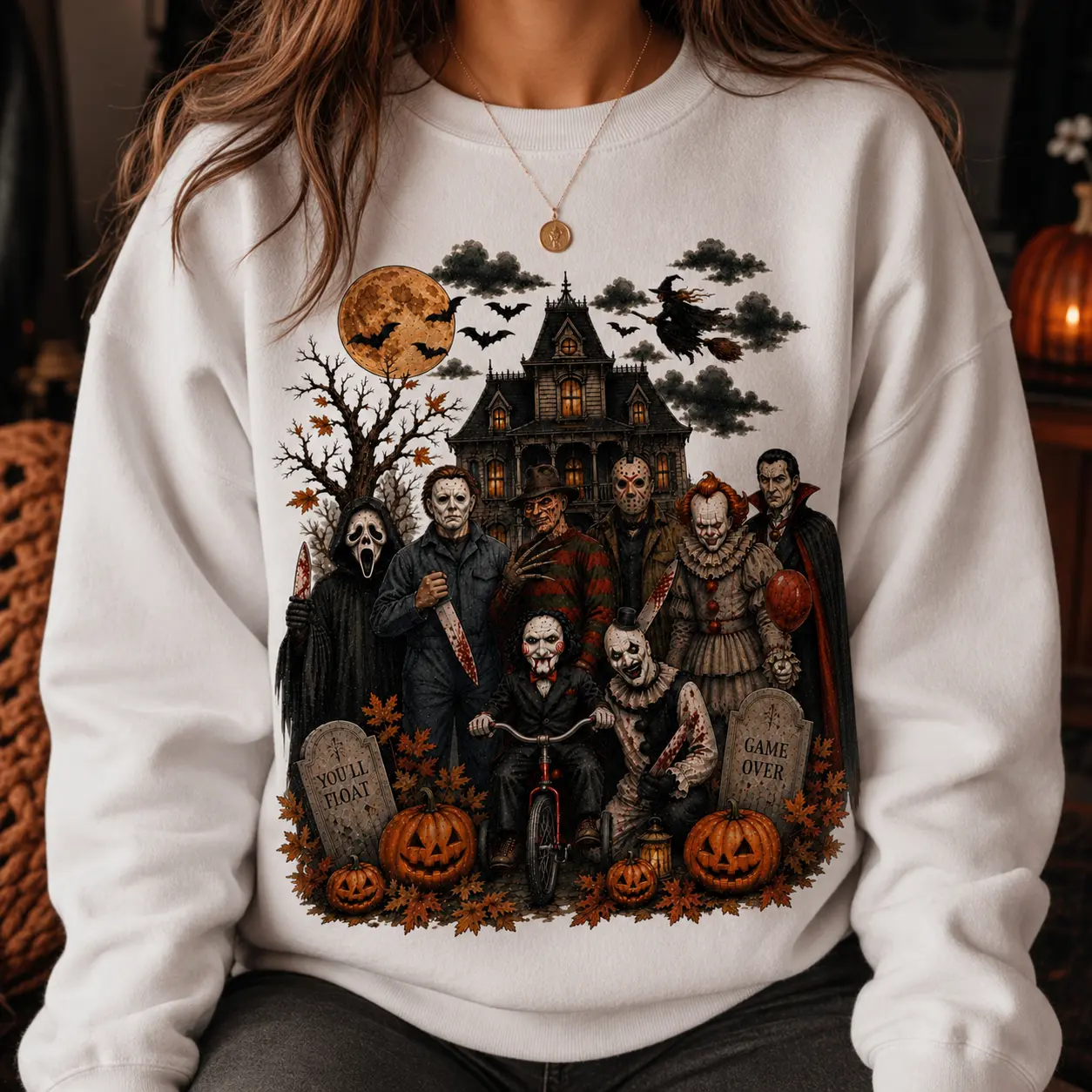 Retro Halloween Horror Characters Pullover Sweatshirt Classic Scary Movies Spooky Season Sublimation,  Gift for Men for Women, Womenswear Tops