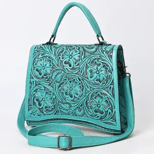 Teal Western Top Handle Hand-Tooled Leather Floral Messenger Bag