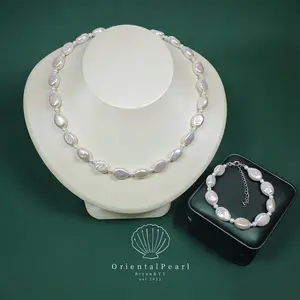 Set12-Lollipop Oval Shape Baroque Pearl Necklace and Bracelet Set White Tone Irregular Beauty Meets the Soft Shine Sugar Wrapper Luster Natural Freshwater Pearls Set