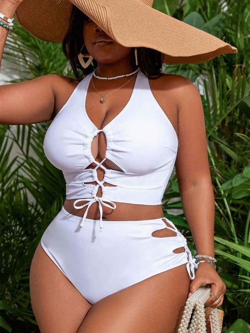 Plus Size Solid Color Cross Back Bikini Set - Lace-Up Hollow Swimwear for Summer Casual Beach