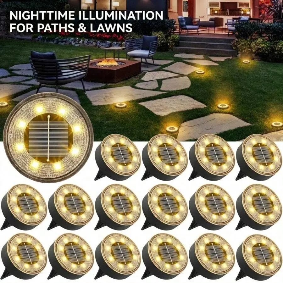 8 Pack Solar Ground Lights, IP68 Waterproof LED Disc Lights for Patio, Pathway, Lawn - Warm White