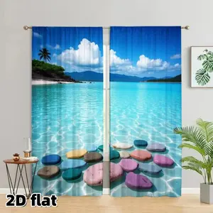 2D Flat 2Pcs Tropical Beach Curtains, Sheer Printed Curtains, Home Decorative Curtain, Crystal Ocean Water, Rod Pocket Design, Bright Blue Sea Landscape, Semi Sheer Polyester, for Living Room Bedroom Window Decoration, Summer Home Decor, Easy to Clean