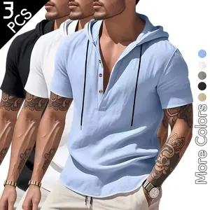 3-Pack Men's Breathable Hooded Short Sleeve Tees, Trendy Button Henley Design for Summer & Vacation