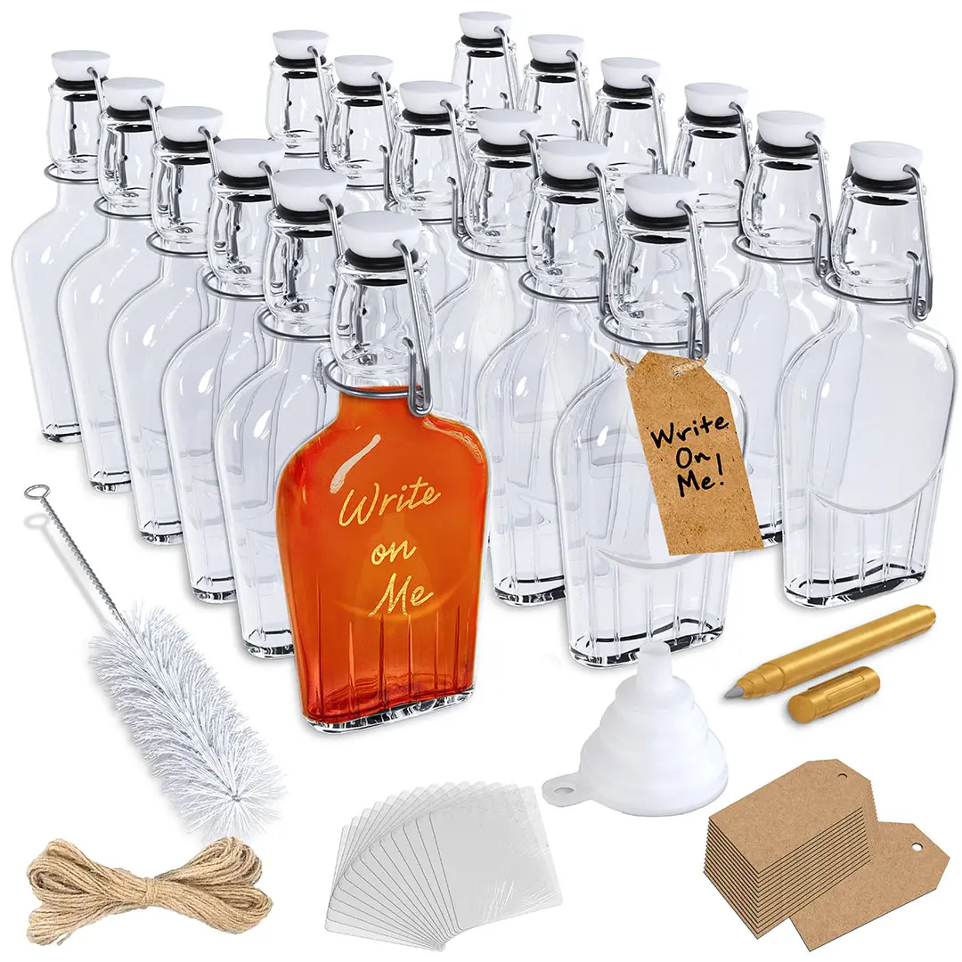 Nevlers 8.5 oz Swing Top Glass Flask (Pack of 18) | Includes Funnel, Brush, Tags, Shrink Wrap and Marker