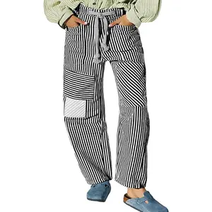 Baggy Barrel Jeans for Women Y2k Striped Drawstring High Waist Straight Wide Leg Boyfriend Jeans Mom Denim Pants