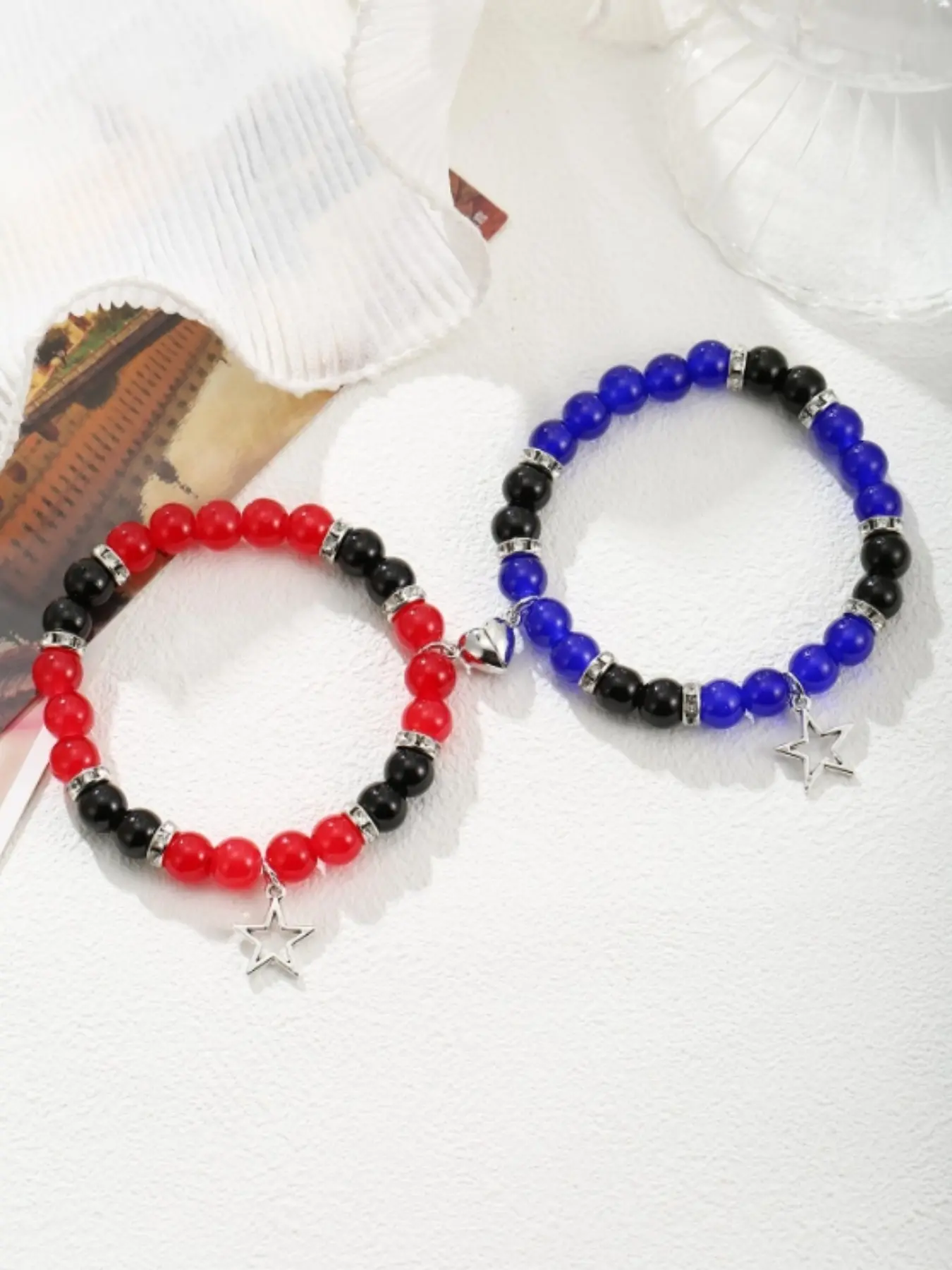 Colorful Glass Beads Bracelet Set, Beaded Bracelet, Matching Bracelets, Heart Magnetic Clasp Design, Star Pendant Charm, Perfect Gift for Couples & Friends, Romantic Bracelet Set