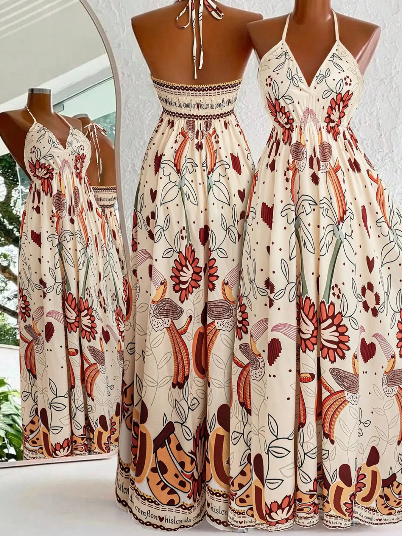 Women's Halter V-Neck Printed Maxi Dress, Beige Floral Fruit Print Sleeveless Tie Back Flowy Long Dress, Boho Casual Sundress for Vacation, Beach, Travel & Party, Summer Streetwear, Womenswear