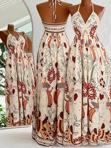 Women's Halter Neck V Neck Printed Maxi Dress, Beige Floral Fruit Print Sleeveless Tie Back Flowy Long Dress, Boho Bohemian Casual Outfit for Vacation, Beach, Daily, Brunch, Travel, Party, Trendy Summer Streetwear for Ladies Womenswear