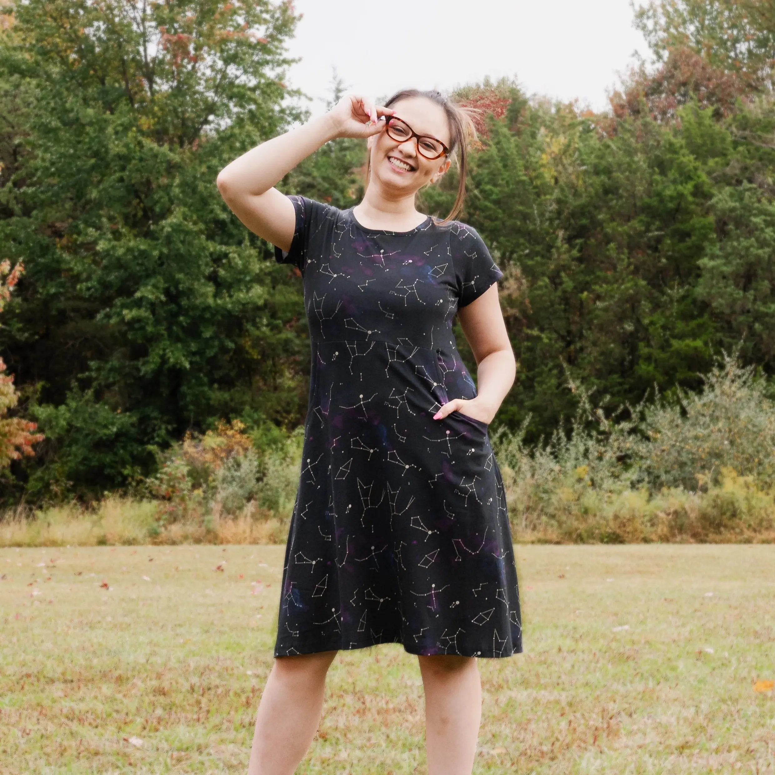 Stardust Symphony Glow-in-the-Dark Petite A-Line Dress with Pockets