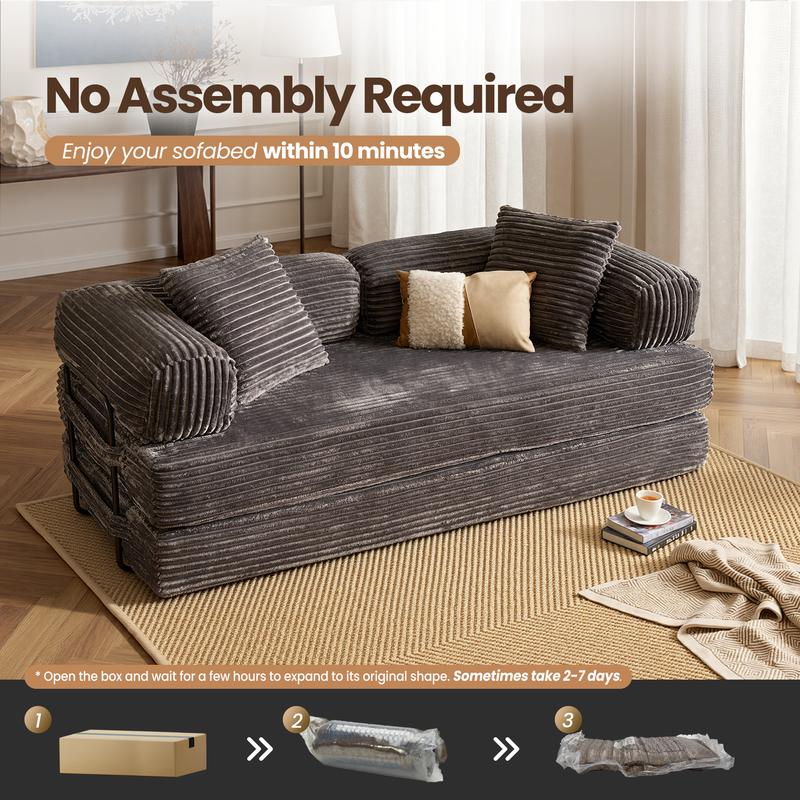 【Jumpstart Sale】Ovios 81" Convertible Boneless Sofa Bed, Fold Out Loveseat Sleeper Couch with Pillow, 4 in 1 Modular Cloud Corduroy Folding Queen Bed Floor Mattress, Lazy Chair for Living Room Bedroom
