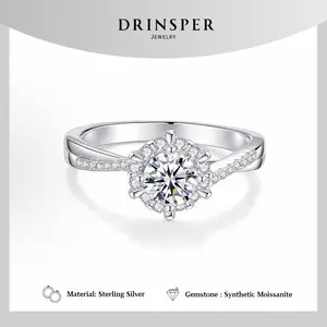 Drinspe Floral S925 Synthetic Moissanite 1.0ct DVVS1 Sterling Silver Ring for Women Girls Jewelry Gift for Mom Girlfriend Suitable for Engagemnt Ring Wedding Ring