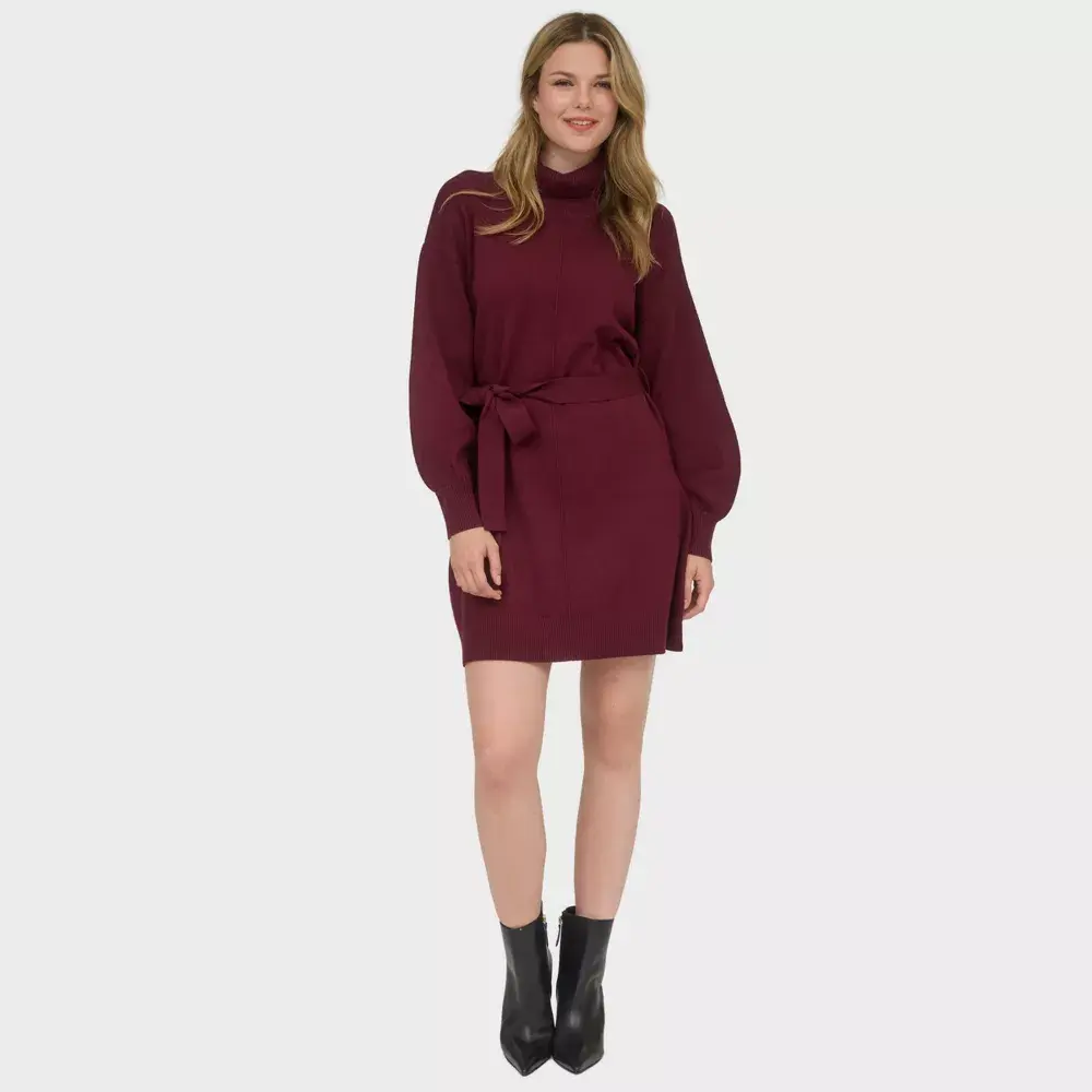 August Sky Women's Tie Waist Front Seam Mini Sweater Dress RD4078_ Wood