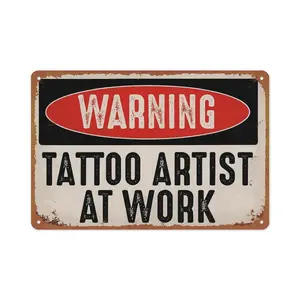 Metal Sign Tattoo Artist At Work Wall Decor Aluminum Tin Signs Metal Posters for Kitchen Bar Room Bedroom Bathroom Decoration 8x12 Inches