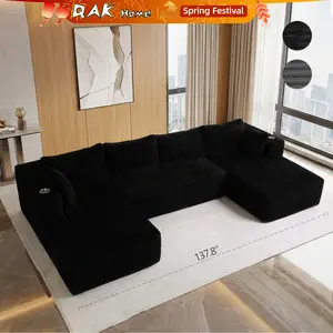 QAK 137.8“ Cloud Modular Sectional Sofa Couch U - With Cup Holder and Side Pockets - Shape Chaise - Corduroy Fabric - No Assembly - Required for Living Room Bedroom