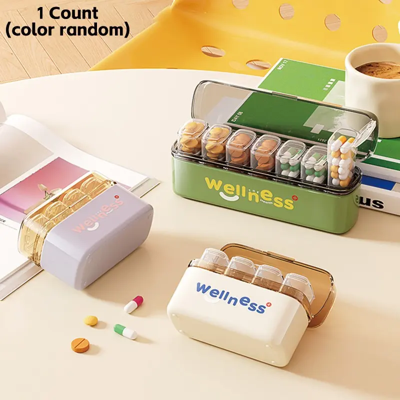 Portable pill dispenser with 4-compartment/7-compartment vitamin organizer, holds a large number of healthcare supplements, features anti-mixing and wide opening design for easy access to medication