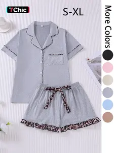 Women's Patchwork Contrast Binding Button Front Pocket Shirt & Ruffle Hem Shorts Pyjama Set, Casual Comfy Two-piece Pj Set, Ladies Summer Sleepwear, Pajama Set, Casual Lounge Sleep