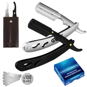 Men's Straight Razor Kit, 2 Professional Single Blade Straight Edge Razors with 100 Barber Razor Blades, Navajas Para Barbero, Beard Razor Shavette Shaving Razor for Professional & Home Use