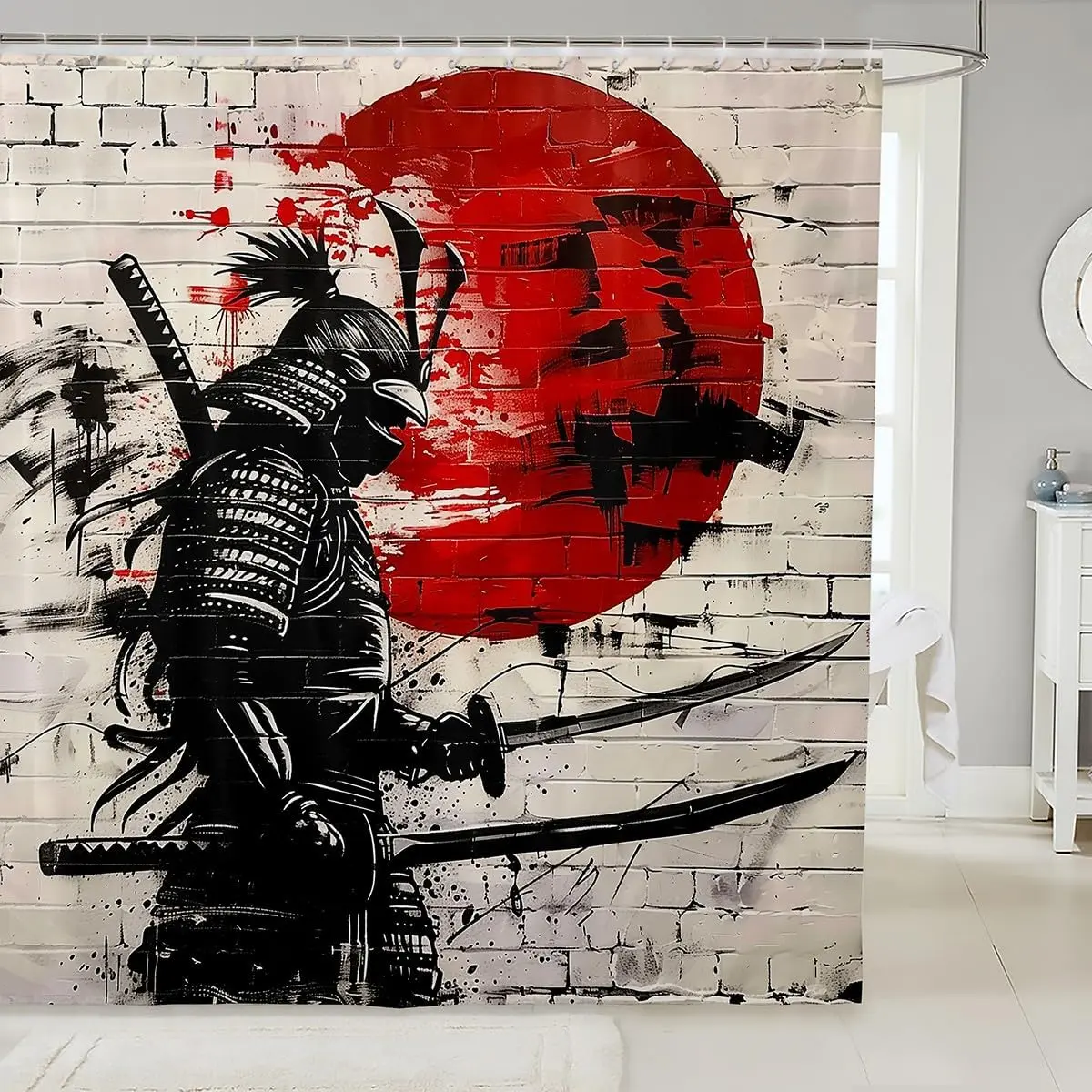 Japanese Samurai Warrior Shower Curtain for Bathroom Decor Samurai Bath Curtain Sunset Bathroom Accessories Japanese Ukiyoe Waterproof Polyester Fabric for Stalls Bathtubs