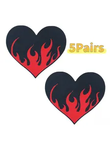 5-Pack Disposable Black Heart Flame Shaped Breast Patches, Satin Cover-Up Patches for Valentine's Day, Halloween Party