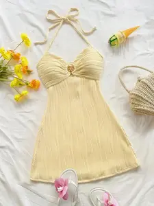 Vacation Style Elegant Summer Halter Dress, Chic Starfish Buckle Hollow Out Design, Textured Fabric, Beach Photo Short Skirt, Casual Fitted Lady Womenswear, Wardrobe Essential, Fashion, Curvy Fit, Easy Wear