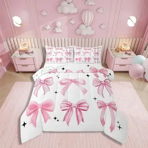 Pink Bow Comforter Set,Coquette Bedding Set,Princess Style Bowknot Quilt Set for Girls,Cute Girly Striped Ribbon Bows Down Comforter