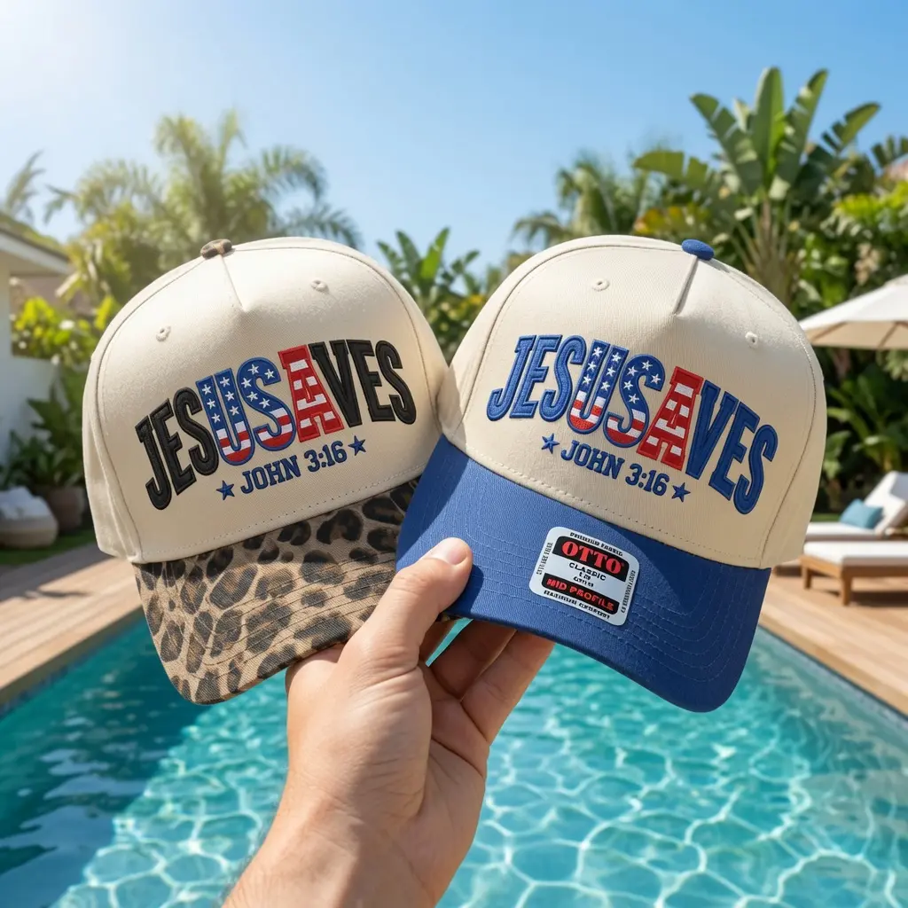 Jesus Saves John 3:16 Patriotic Embroidered Baseball Cap, Christian Faith Adjustable Summer Hat with American Flag Lettering, Leopard Print or Blue Brim for Women and Men, Church, Vacation, July 4th and Religious Gift