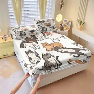 3Pcs Funny Cute Cat Digital Print Fitted Sheet Set, Cartoon Kitten Themed Bed Sheet Set, Soft Breathable Microfiber Bedding, Non-Slip All-Around Elastic, Perfect for Cat Lovers Bedroom, Guest Room, Dorm, Year-Round Use - No Filling