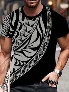 Men's Polynesian Element Printed Short Sleeve T-Shirt, Vintage Ethnic Style, Casual Loose-Fitting Long Tee, Daily Wear Fashion