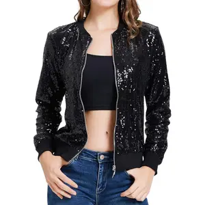 Womens Sequin Jacket with Pockets Casual Long Sleeve Front Zip Party Bomber Blazer S-2XL
