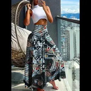 Women's Ethnic Pattern Shirred Waist Wide Leg Pants, Boho Casual High Waist Trousers for Daily Holiday Vacation Wear, Ladies Bottoms for All Seasons Womenswear Wideleg Bohemian Everyday Overall