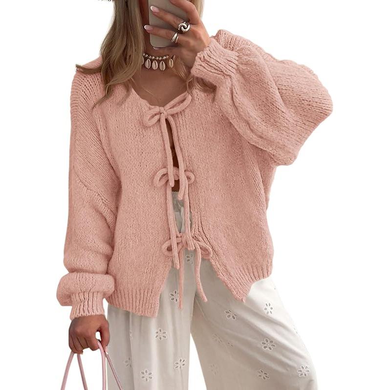 PrettyGarden Women's Tie Front Bow Cardigan Sweaters Chunky Knit Long Puff Sleeve Trendy Fall Winter Jacket Coats